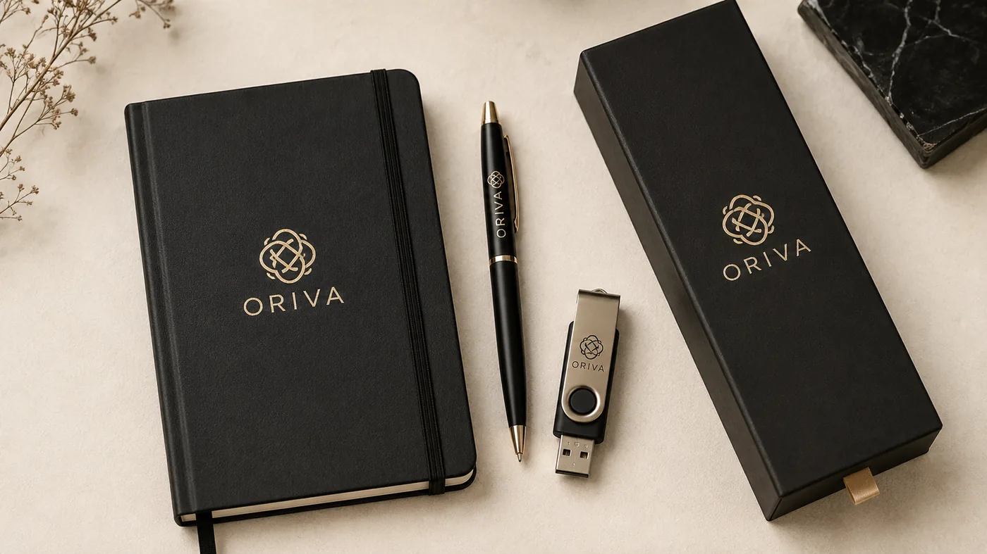 Corporate gift set: a black hardcover notebook, matching pen, USB drive and presentation box, each finished with a gold foil monogram.