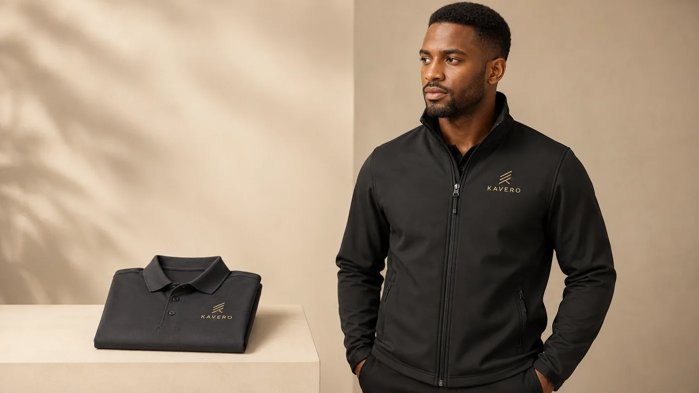 A man wearing a black softshell jacket with a gold embroidered chest logo, standing beside a matching folded polo shirt on a stone plinth.