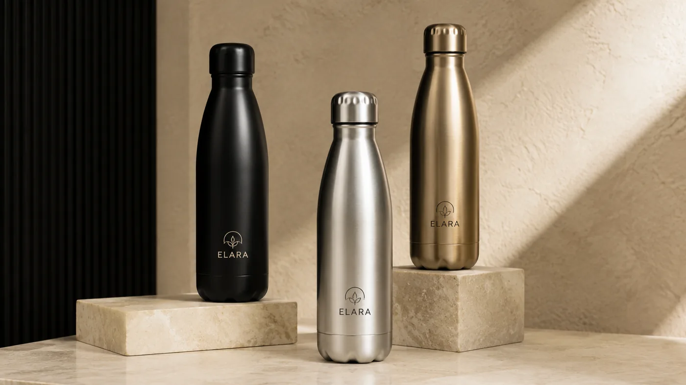 Three insulated water bottles in matte black, brushed steel and champagne gold, each engraved with a small leaf logo.