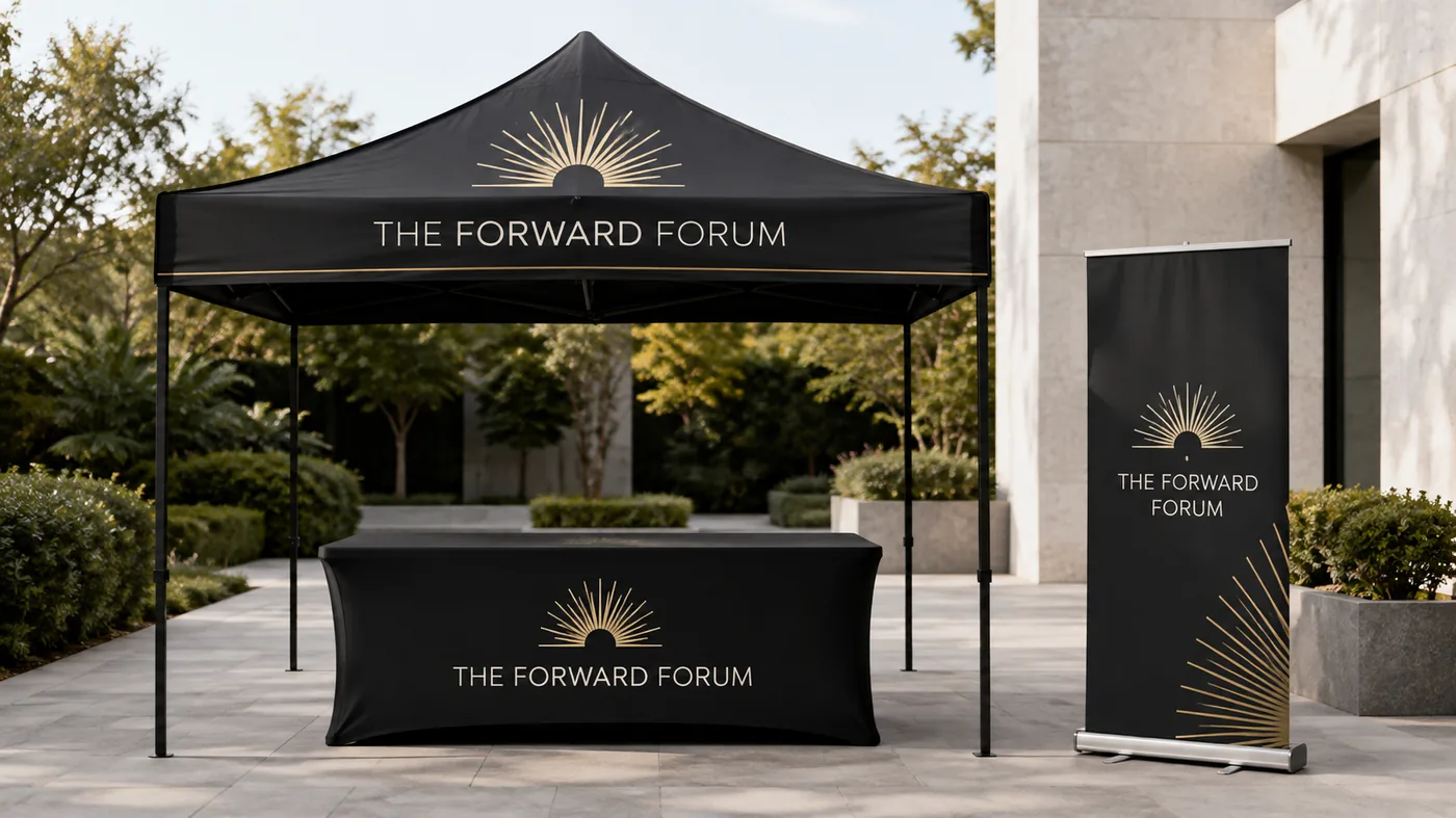 Outdoor event setup with a black branded gazebo, fitted table cover and pull-up banner, all carrying a gold sunburst logo.