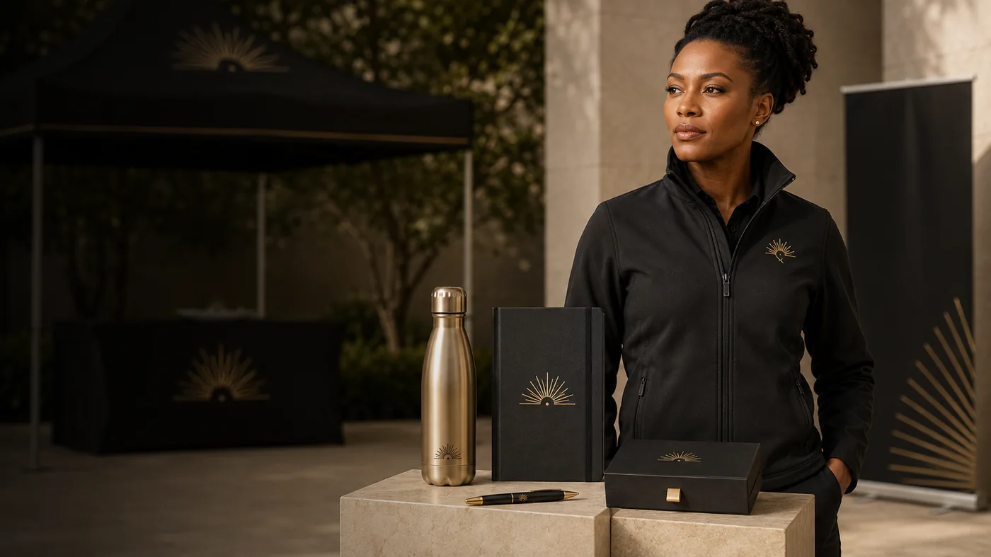 A woman in a black branded softshell jacket stands beside a gold water bottle, black notebook, pen and gift box, all carrying a gold sunburst logo, with a matching branded gazebo and pull-up banner behind her.