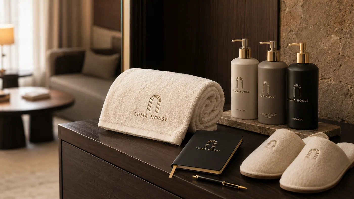 Branded hotel amenity set on a dark wood cabinet: embroidered towel, gold-topped toiletry bottles, notebook, pen and slippers.