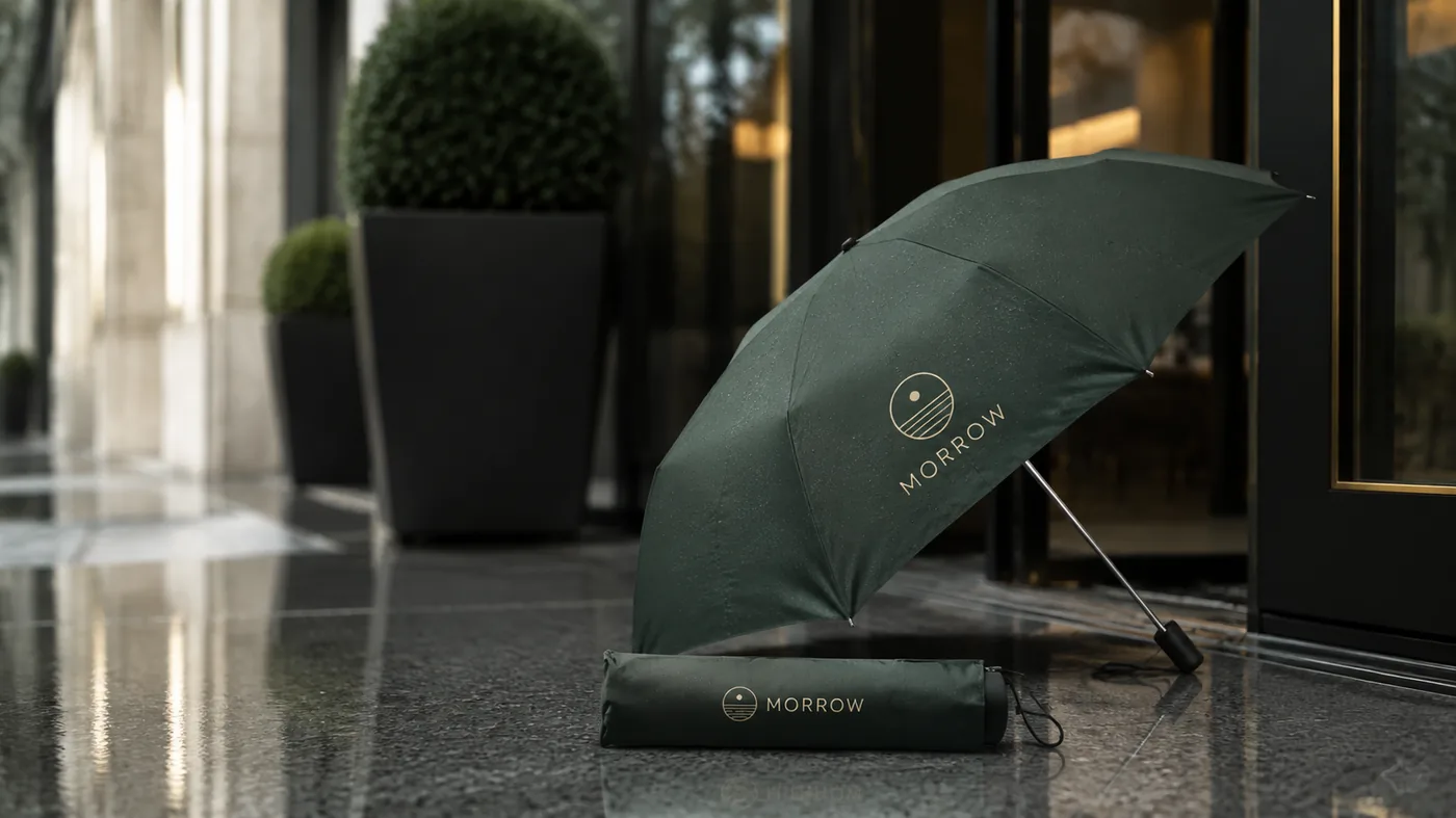 A dark green golf umbrella with a gold logo, open on wet paving outside a hotel entrance, beside its matching carry sleeve.